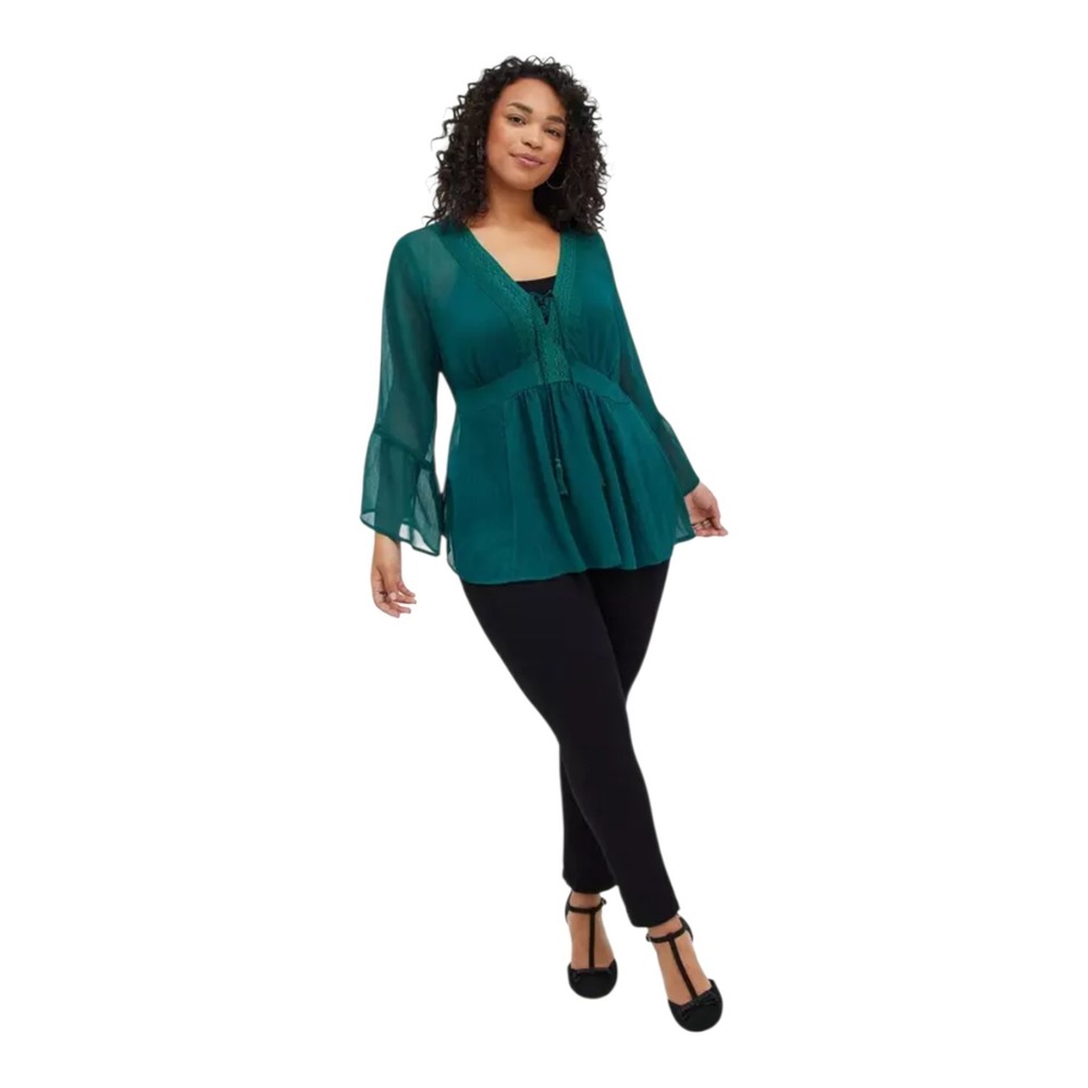 Torrid Women's 2X Green Metallic Babydoll Chiffon Bell Sleeve Lace-Up Sheer Top